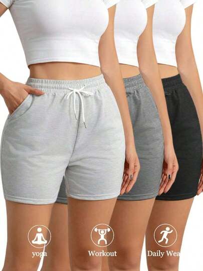3pcs Women Sports Shorts With Drawstring Pockets, Ladies Activewear Running Training Fitness Beachwear
