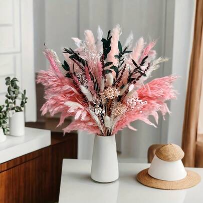 52pcs Luxury Pink Dried Flower Bouquet - Artificial Flowers, Rabbit Tails, Reeds, Carnations, Lavender - Multipurpose Decor, Suitable For Weddings, Home, Events, Bridal Bouquets - Perfect For Christmas, Halloween, Thanksgiving, Valentine's Day