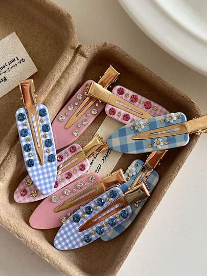 2/4pcs Pink And Blue Fresh Checkered Hair Clip With Rhinestone Embellishment, No Trace Clip, Hair Edge Clip Suitable For Women's Face Washing And Makeup, Already Worn Daily