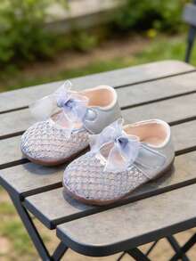 Giày công chúa lưới cho bé gái, giày tập đi mềm mại chống trơn trượt, giày nơ thoáng khí, giày công chúa cho bé, giày trẻ sơ sinh mùa xuân/hè mới. - Bạc - Xem 5