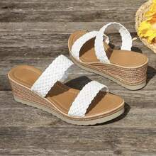 Women's New Bright Color Braided Decor Wedge Sandals, Vacation Style Summer Strappy Open Toe Thick Sole Sandals, Suitable For Dating, Shopping, Commuting, Beach (Runs Large By One Size) - White - View 5