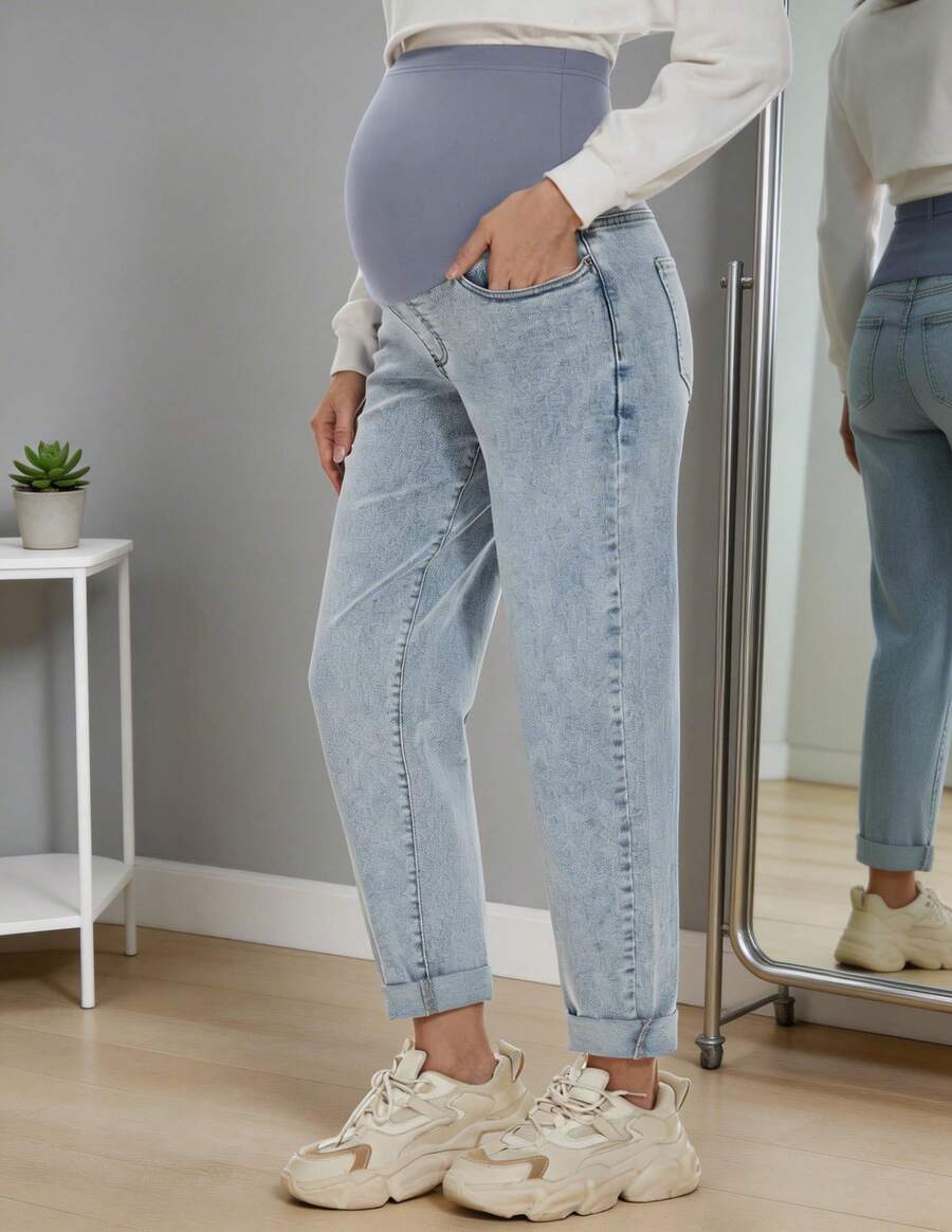 Women's Maternity Jeans Over Belly Comfy Stretch Boyfriend Jeans Loose Pregnancy Pants, S-XXL - 淺藍色 - 查看 1