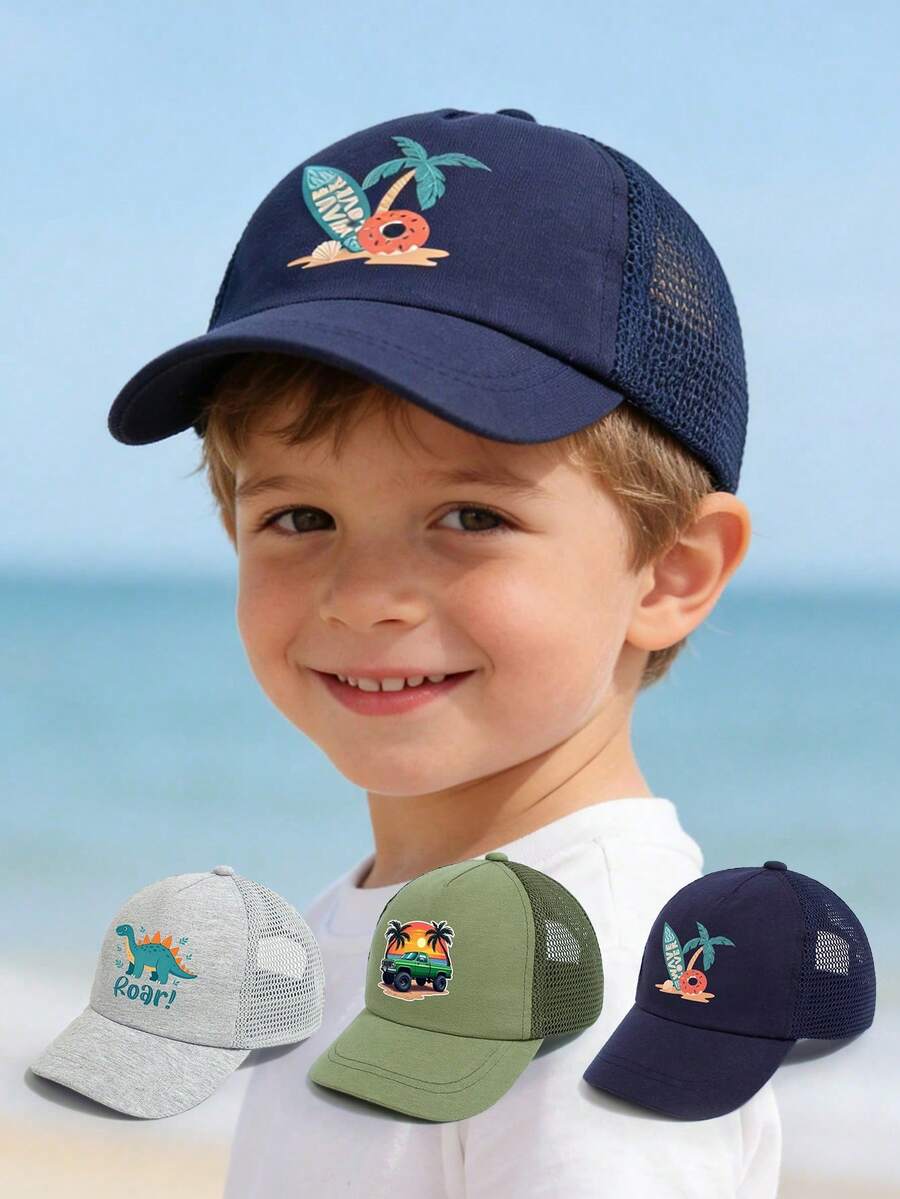 1顶幼儿男童（1-7岁）恐龙图案棒球帽，网眼后幅，热带冲浪图案网眼帽，儿童沙滩公园日常防晒帽，夏季 - 1PC - 查看 1