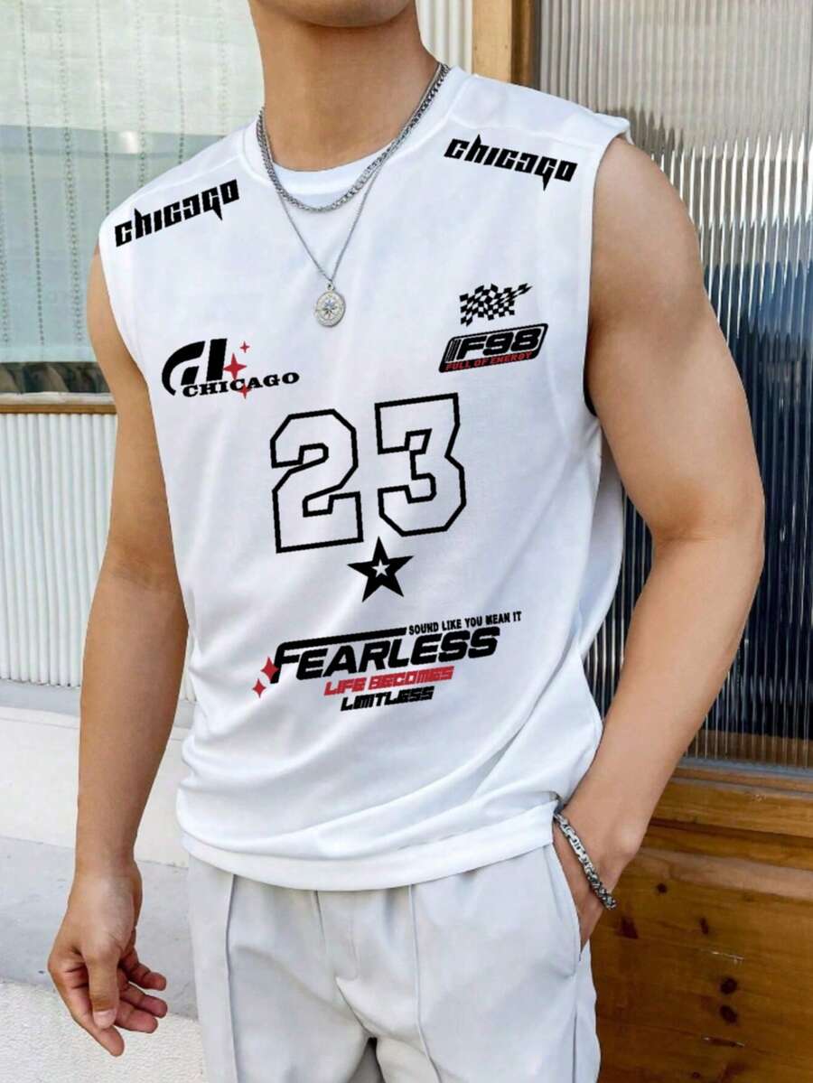 Men's Casual Sleeveless Vest With Number 23 Graphic, Versatile Daily Wear - White - View 1