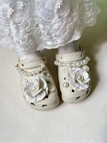 New Puff Flower Garden Sandals With Pearl Accessories, High-End Design, Detachable Buckle, Summer Slippers With DIY Decorations (Reusable And Removable, Excluding Shoes) - Beige - View 5