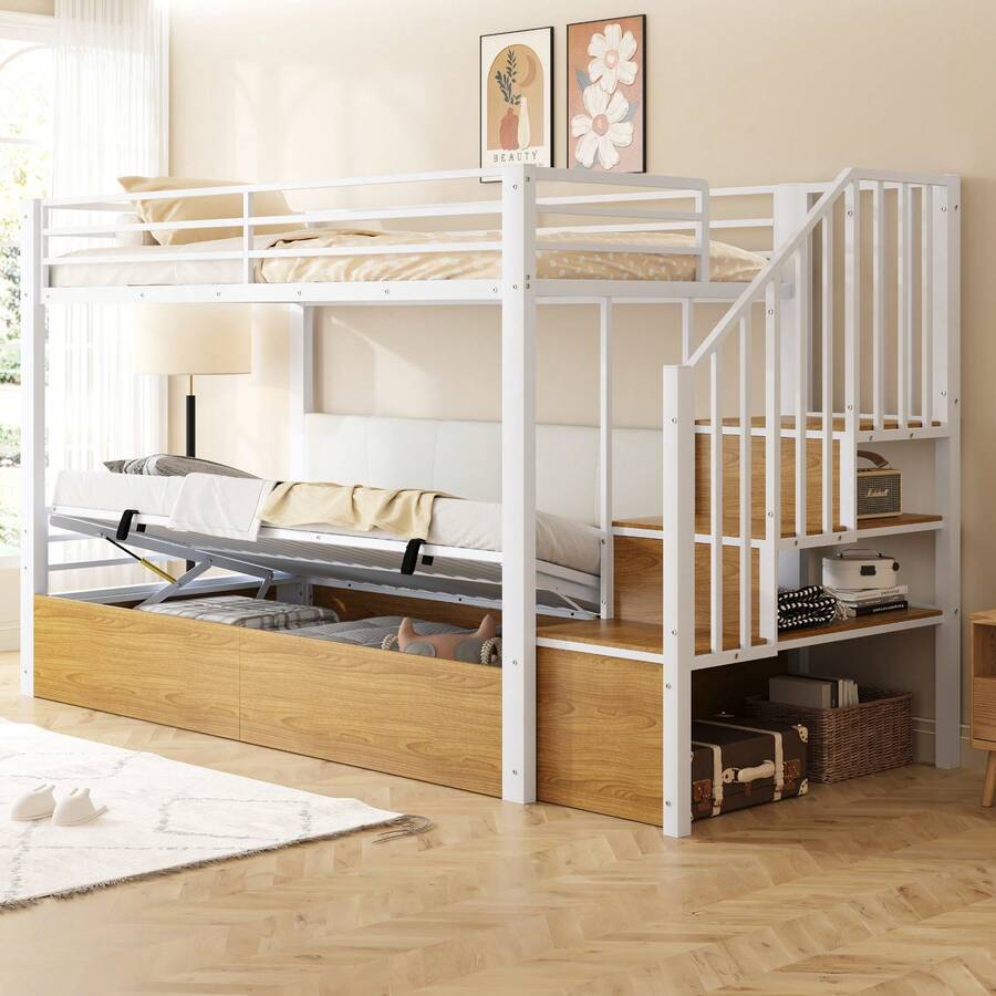 Iron Loft Bed, 90 X 200 Cm, Padded Backrest In Soft Polyurethane, Hydraulic Function, Safety Ladder, High Safety Rail, Bunk Bed, Children's Bed, White - White + MDF + Metal - View 1