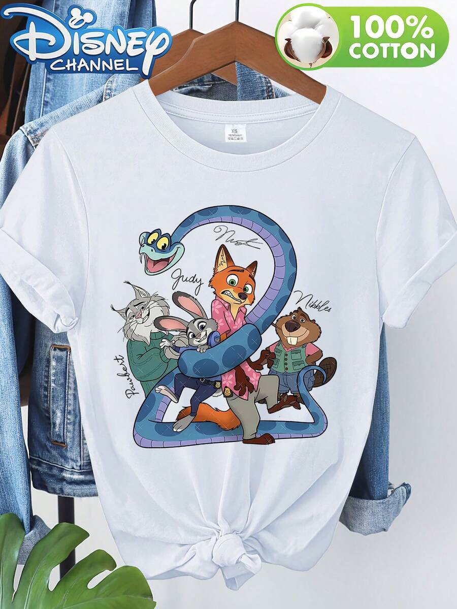 Disney Authorized Genuine, Disney Authorized New Pure Color Short-Sleeved T-Shirts In Spring And Summer, With Zootopia 2 Fox, Rabbit And Snake Prints, Which Are Multifunctional, Casual And Comfortable. Ladies Apply Pattern Printed 100% Cotton T-Shirts-Creative Cartoon Prints, Breathable And Light Fabrics, Regular Round Neck Street Casual Shirts In Spring And Summer, Disney Shirts, And Excellent Holiday Gifts. - 白色 - 查看 1