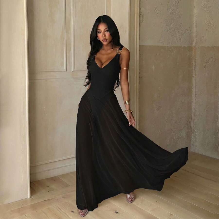 WOWDARK Summer Dress, Black Elegant V-Neck Mesh A-Line Spaghetti Strap Party Dress For Women, Suitable For Valentine's Day, Dates, Gatherings, Parties, Travel, Vacation, Beach And Other Occasions Wedding Spring - 黑色 - 查看 1