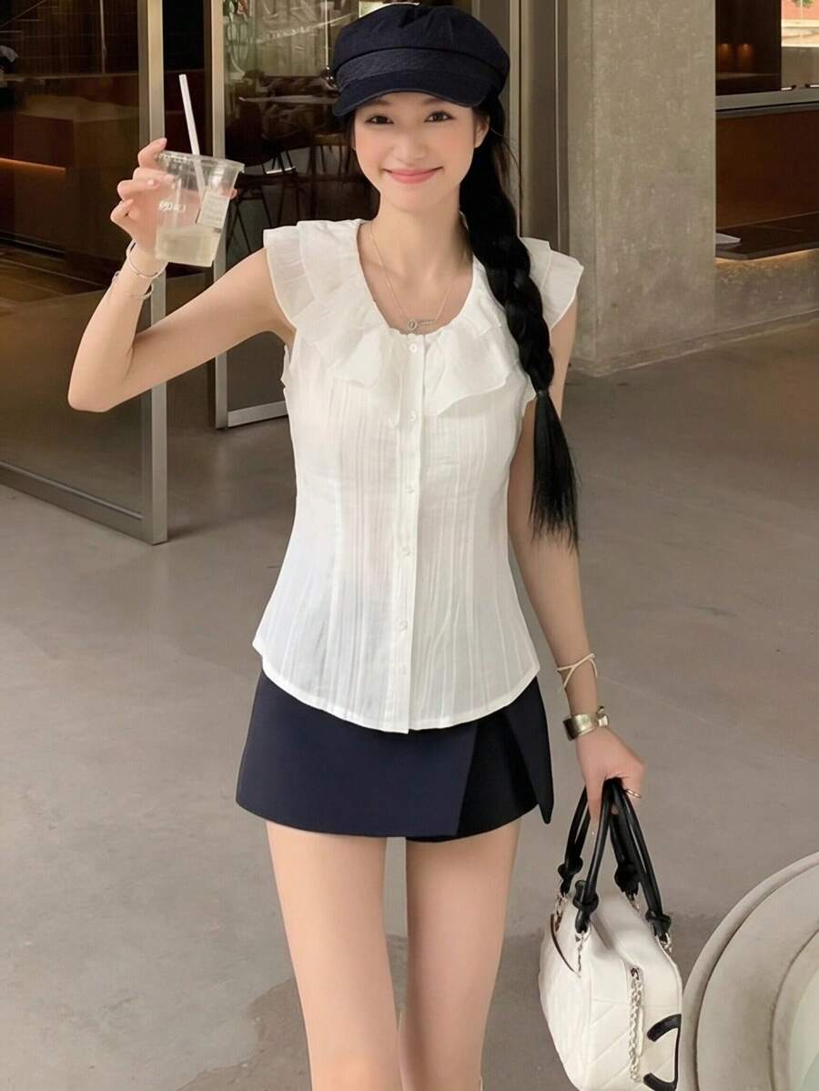 甜美荷叶边领修身短款女式衬衫，夏季 - 杏色 - 查看 1