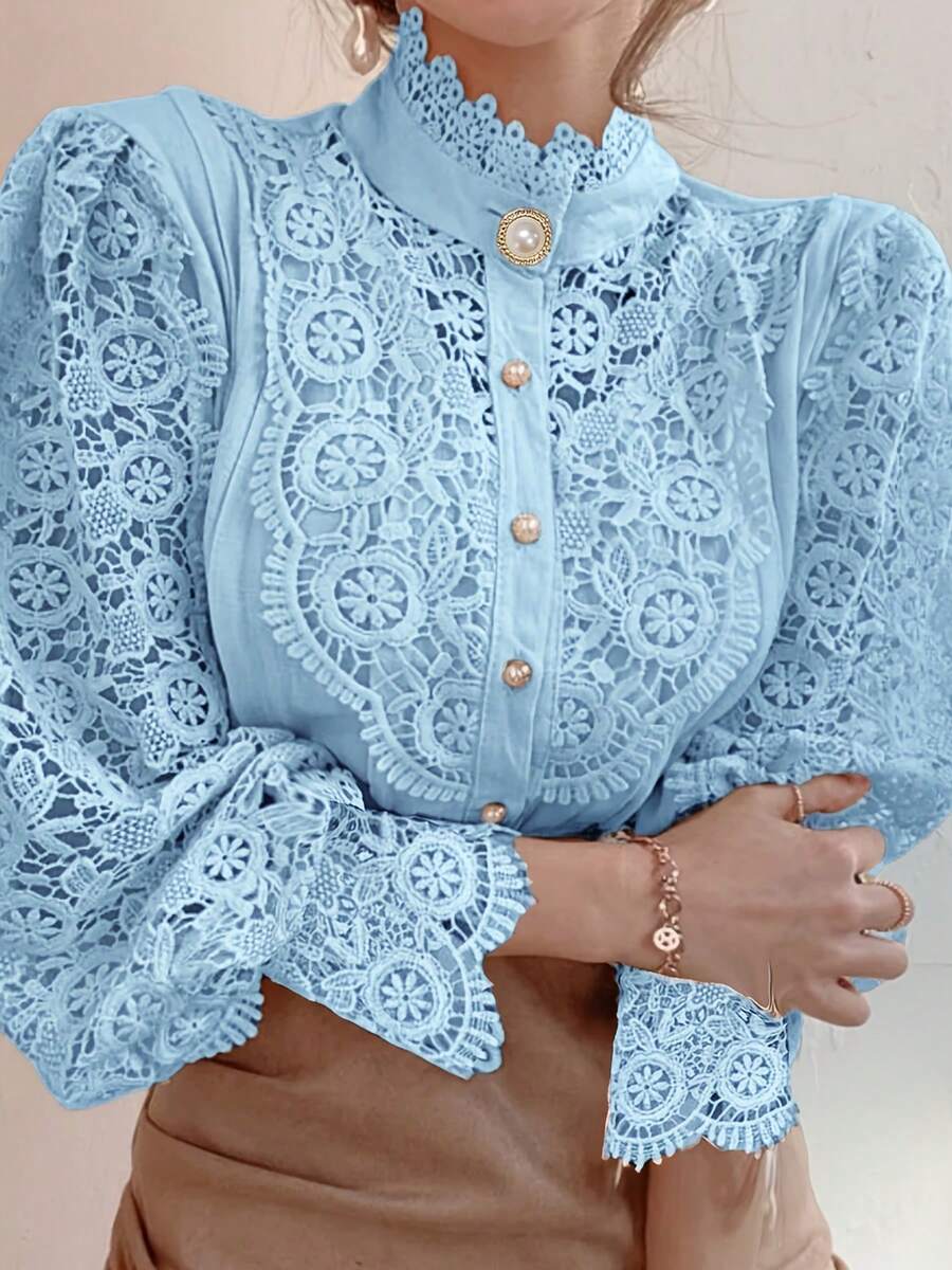 Women's Lace Floral Mandarin Collar Button-Up Hollow Blouse Spring - Light Blue - View 1