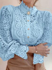 Women's Lace Floral Mandarin Collar Button-Up Hollow Blouse Spring - Light Blue - View 4