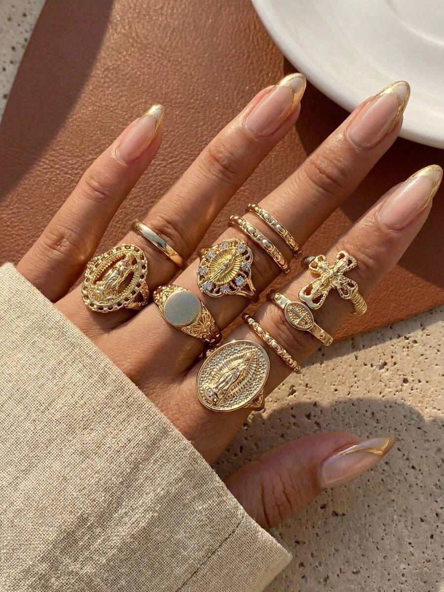 10pcs Vintage Exaggerated Rhinestone Crown Cross Punk Style Fashion Rings, Suitable For Various Occasions, Great Gift - Gold - View 1