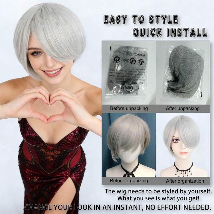 Stylowa krótka, warstwowa, prosta peruka typu bob z grzywką zaczesaną na bok dla kobiet i mężczyzn – naturalna, srebrnoszara, biała, granatowa, dwukolorowa, niebieska (połowa ciemnego granatu i połowa jasnego błękitu nieba), żółta, bordowa, syntetyczna, odporna na ciepło peruka z włosów z grzywką, idealna na imprezę, cosplay anime, kostiumy do gier, kostiumy postaci filmowych, święta, Comic Con, codzienny prezent modowy i urodzinowy - Wielokolorowe - Zobacz 9