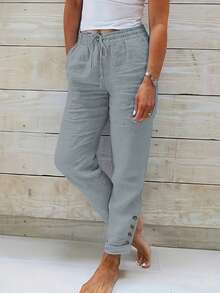 Jisfaneya Plus Size Solid Color Drawstring Waist Lace Trim Linen Blend Casual Straight Leg Capri Pants, Spring/Summer - Light Grey - View 1