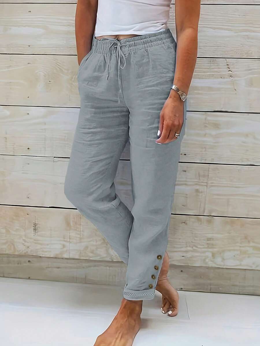 Jisfaneya Plus Size Solid Color Drawstring Waist Lace Trim Linen Blend Casual Straight Leg Capri Pants, Spring/Summer - Light Grey - View 1