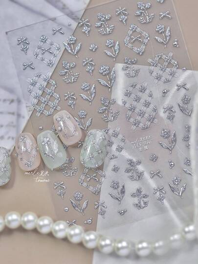 1pc Silver 3D Floral Nail Stickers, Metallic Flower Self-Adhesive Nail Art Decals DIY Manicure Accessories