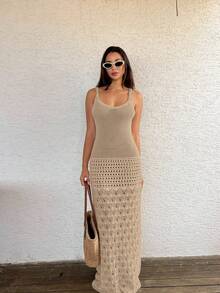 Women's Casual Hollow Out Sleeveless Knit Tank Dress For Beach Vacation, Summer Crochet Hollow Knit Beach Dress, Women's Vacation Bohemian V-Neck Cover Up Dress, Spring/Summer/Autumn - Khaki - View 6
