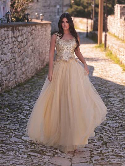 Faeriesty Women's Champagne Sequin Beaded Evening Dress, Square Neck Sleeveless Fitted Top Paired With Tiered Mesh Maxi Skirt, Waist Design, Elegant Luxury Style Suitable For Formal Dinners, Red Carpet Events, Charity Galas, Weddings And Other Formal Occasions