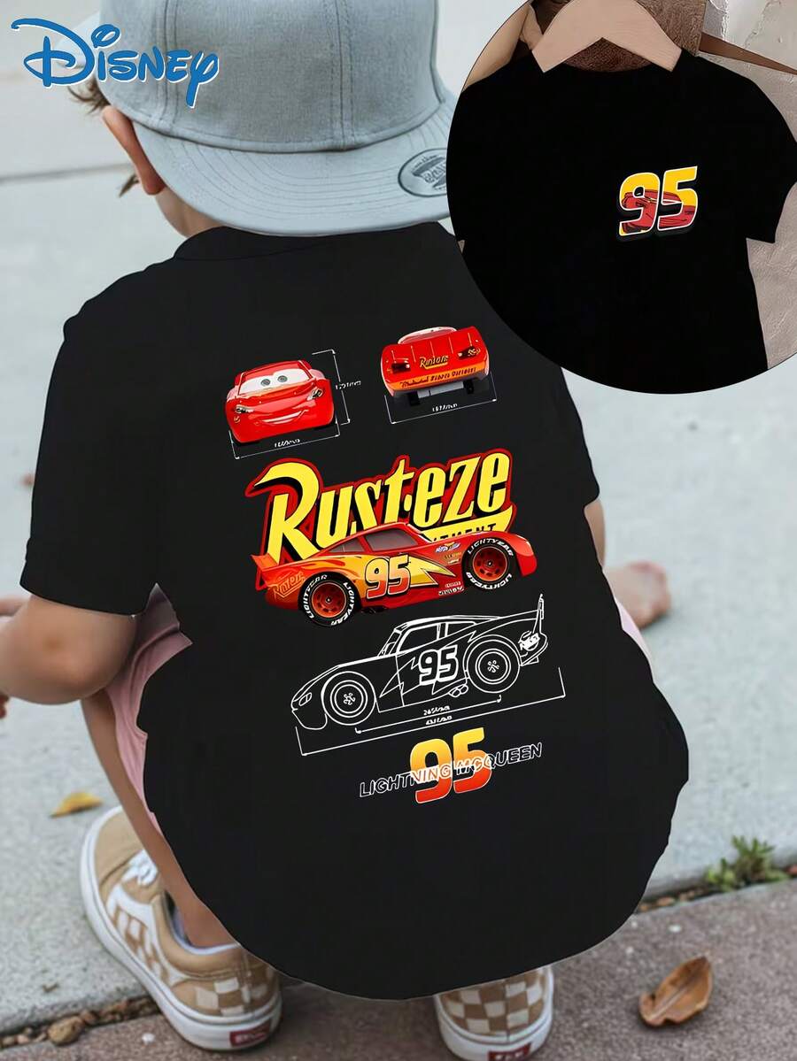 Disney Boy And Girl Casual Fashion Short-Sleeved T-Shirt, Featuring A Cartoon Scene Of A Red Racing Car. Suitable For Party Outfits And Daily Wear. - 黑色 - 查看 1