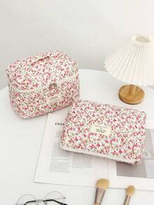 1pc Rose Red Printed Multi-Functional Quilted Cosmetic Bag, Fashion Casual Large Capacity Zipper Makeup Bag, Travel Stationery Storage Pouch, Essential Vacation Cosmetic Bag - Pink - View 3