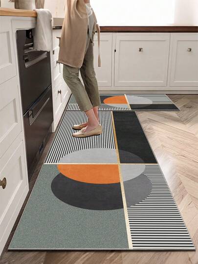 1 件厨房装饰地垫，灰色橙色圆圈线印花，防滑防污，适用于房间装饰、客厅、浴室、卧室地毯、门垫、区域地毯和户外地毯，采用聚酯纤维材料制成，易于清洁且可机洗，适合所有季节和节日。