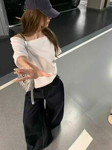 女士露肩短袖T恤，常规长度，涤纶高弹面料，夏季白色上衣，适合办公室日常休闲穿着 - 白色 - 查看 4