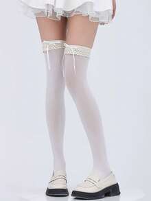 洛丽塔蕾丝边珍珠蝴蝶结女仆白色过膝长筒袜，可爱又长款 - 彩色 - 查看 12