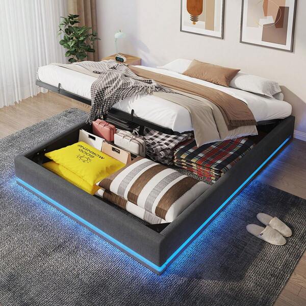 Cama 160 x 200 cm con almacenamiento hidráulico, Cama doble con iluminación LED, Arcón silencioso, Color gris, Envío en 2 paquetes