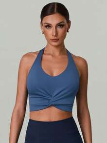 Women's Halter Neck Backless Sports Crop Top High Elasticity Sleeveless Yoga Vest With Removable Chest Pads - Blue - View 6