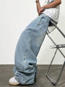 1pc Justice Brother Casual Loose Fit Wide Leg Jeans, Versatile Streetwear Design For Commuting, All Seasons - Blue - View 3