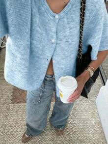FOR BEAUTY Spring/Summer New Blue Round Neck Short Sleeve Button Knit Cardigan, Fashion Casual Minimalist, Street Style, Suitable For Commuting, Casual, Outing, Graduation Ceremony, Street Photography - Milk Blue - View 5