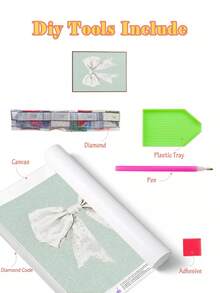 |5D DIY钻石画|薄荷绿底白色蕾丝蝴蝶结钻石画套装，优雅粉彩墙面装饰。放松身心的钻石画，成人钻石画，DIY自制墙面艺术品，享受动手乐趣，送给朋友的最佳礼物 - 無框 - 查看 3