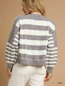 Womens Casual Cable Knit Cardigan Classic Striped Pattern Chic Cropped Design Puffed Long Sleeve Sweater Cozy Round Neck Fall Winter Oversized Top Grey White Stripe Elegant Everyday Wear - Xám - Xem 5