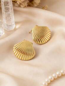 女士时尚厚金耳环，14K不锈钢镀金贝壳耳环，轻盈低致敏耳环，创意几何不规则纹理耳环，夏季时尚饰品，适合日常佩戴、海滩度假、派对等场合。 - 金色 - 查看 5
