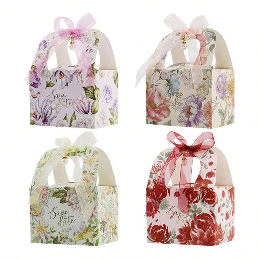 12PCS Wedding Party Favour Candy Treat Paper Boxes With Handle And Ribbon, Gift Packaging Boxes For Bridal Shower Anniversary, Happy Mother's Day Gift Treat Paper Boxes