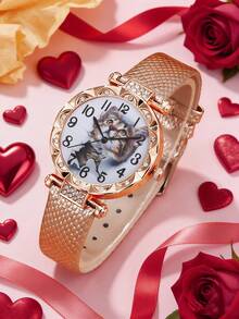 Cute Cat Pattern Luxury Girl's Watch: Healing Cat Dial + Rose Gold Snakeskin Strap - Multicolor - View 3