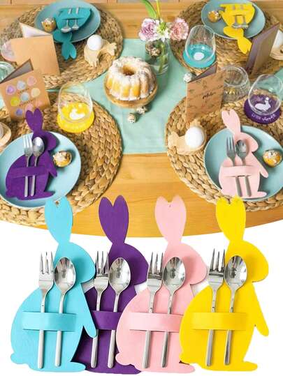 12pcs Easter Bunny Felt Cutlery Decor Set - Colorful Cartoon Rabbit Knife And Fork Holders, Suitable For Dining Table, Kitchen And Party Decoration