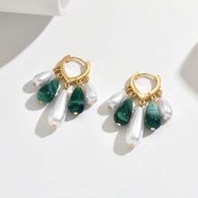 Asymmetrical Acrylic Hoop Earrings, Bohemian Style Green & White Contrast Pearl Pendant Teardrop Earrings - Green - View 5
