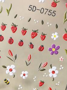 1pc 5D Embossed Floral, Bee, Ladybug, White Flower, Red Fruit Pattern Self-Adhesive Spring Nail Art Stickers, Nail Decor For Women - Multicolor - View 8