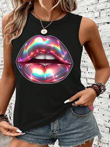 Women'S Sleeveless Tank Top With Iridescent Kiss Print - Casual Round Neck Summer Top, Black With Colorful Lips Design, Lightweight Polyester Blend For Casual Attire - màu đen - Xem 3