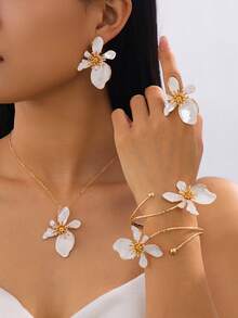 1 Peça Conjunto de Joias Femininas Estilo Férias de Verão na Praia, Colar com Pingente de Flor Assimétrica Feito à Mão com Gotejamento de Óleo Branco, 1 Par de Brincos, 1 Peça Anel, 1 Peça Pulseira - Branco - Visão 1