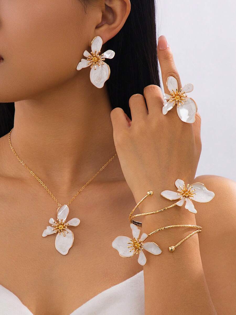 1 Peça Conjunto de Joias Femininas Estilo Férias de Verão na Praia, Colar com Pingente de Flor Assimétrica Feito à Mão com Gotejamento de Óleo Branco, 1 Par de Brincos, 1 Peça Anel, 1 Peça Pulseira - Branco - Visão 1