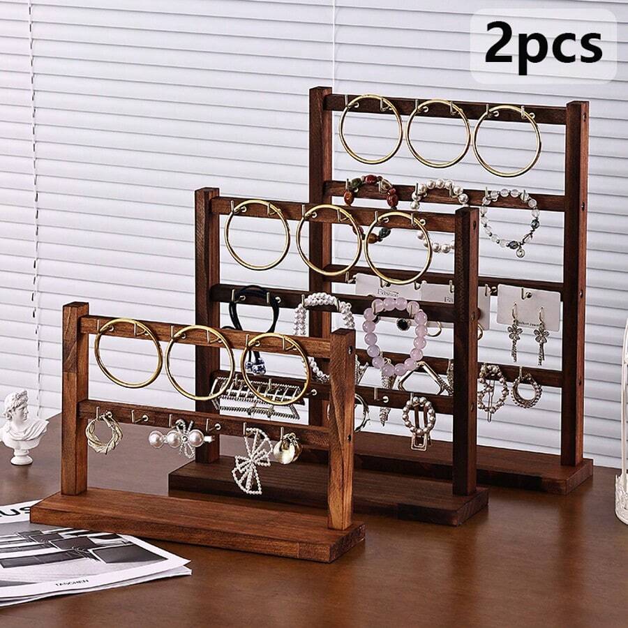2pcs Multi-Layer Walnut Wood With Iron Hook Jewelry Stand, Elegant Wooden Multifunctional Display Rack For Bracelets, Earrings, Necklaces, Minimalist And Easy To Assemble, Suitable As A Gift - 2 Pcs Walnut Wood - View 1