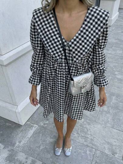 Buzzelle 大码女式夏季通勤彼得潘领格子五袖连衣裙