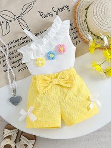 Cute Girl's Fashion Asymmetric Shoulder Floral Decor Top, Paired With Bow Tie & Elastic Waist Shorts Set, Suitable For Summer & Autumn, Baby Clothing, Girls Summer Outfit - Yellow - View 1