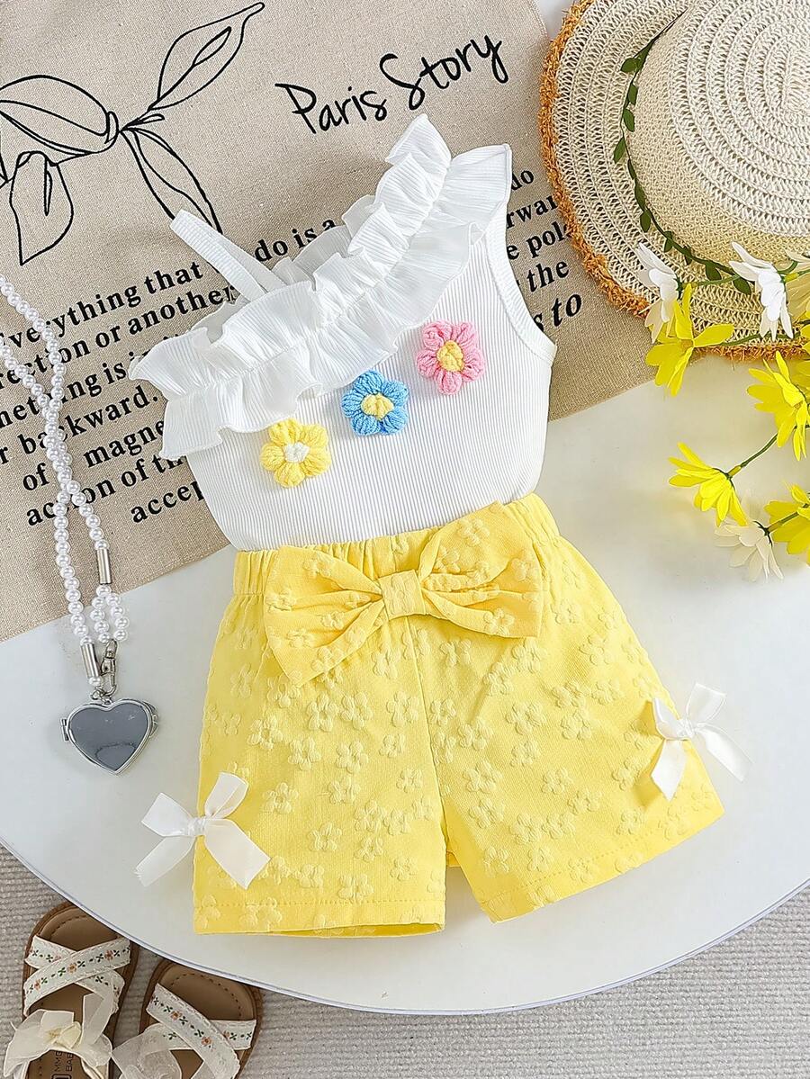 Cute Girl's Fashion Asymmetric Shoulder Floral Decor Top, Paired With Bow Tie & Elastic Waist Shorts Set, Suitable For Summer & Autumn, Baby Clothing, Girls Summer Outfit - Yellow - View 1