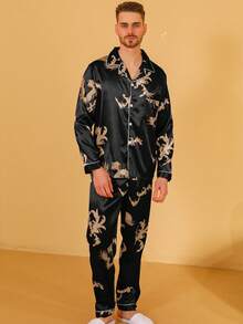 男士睡衣套装（两件套），长袖衬衫和长裤，春夏秋冬睡衣 - 黑色 - 查看 3