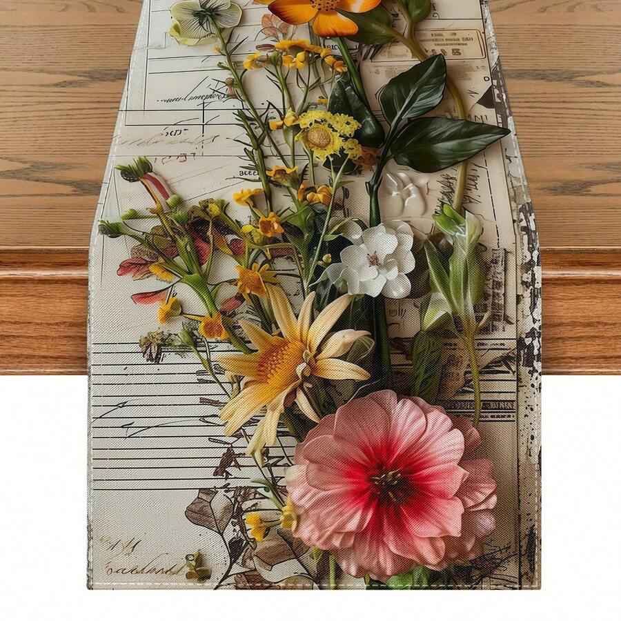 1pc Vintage 3D Floral Table Runner, Industrial Art Style Polyester Rectangular 3D Embossed Dining Table Decor Cloth, Suitable For Retro Restaurant Decor, Multiple Sizes Available - Multicolor - View 1