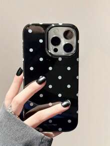 Black Background White Polka Dot Glossy Phone Case Compatible With Apple 11/11 Pro/11 Pro Max, 12/12 Pro/12 Pro Max, 13/13 Pro/13 Pro Max, 14/14 Pro/14 Pro Max, 15/15 Pro/15 Pro Max, 16/16 Pro/16 Pro Max, 17/17 Pro/17 Pro Max - Black - View 3