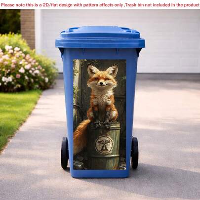 1PC Cute Fox On Barrel 2D Flat Design Trash Bin Sticker, Self-Adhesive Waterproof Dustbin Decal For Outdoor Garden Decor